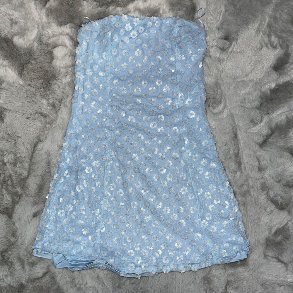 Light Blue Strapless Sequin Mini Dress with Silver Cotton Candy